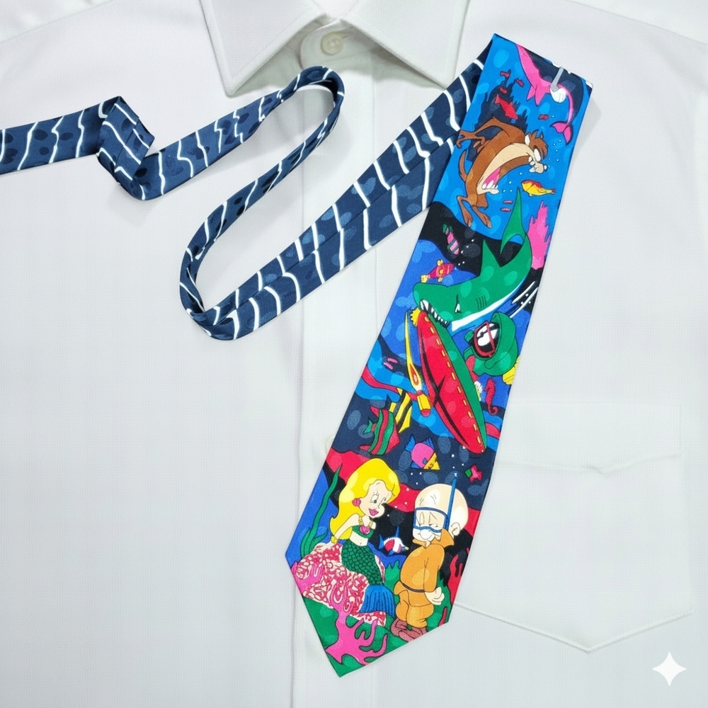 Looney Toons 58x4" Tie Vintage 1993 Cartoon 100% Silk Fudd Marvin Bugs Tazmanian